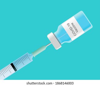 Close up of 3d syringe with vaccine bottle isolated on turquoise background. Medicine injection drug. Medication drug needle. health care equipment vector illustration.