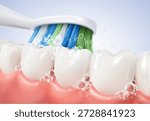 Close up 3D vector illustration of a toothbrush cleaning white teeth and gums with toothpaste foam and bubbles. Concept for dental hygiene and oral healthcare. Realistic EPS file.