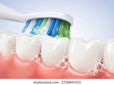 Ilustración vectorial en 3D de un cepillo de dientes que limpia los dientes y las encías blancas con espuma de pasta de dientes y burbujas. Concepto de higiene dental y cuidado bucal. Archivo EPS realista.
