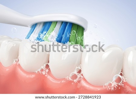 Close up 3D vector illustration of a toothbrush cleaning white teeth and gums with toothpaste foam and bubbles. Concept for dental hygiene and oral healthcare. Realistic EPS file.