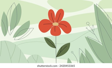 Close up abstract flower on green background. Garden landscape vector design. Horizontal flat illustration.