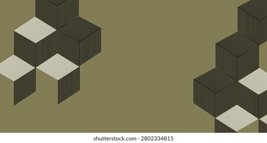 Close up of an abstract geometric cube pattern with isometric shading in olive and brown tones