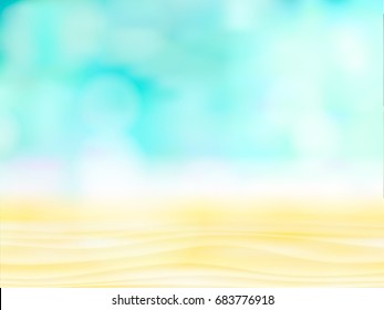 Close up abstract sand with blurred sea sky background, summer day, copy space or for product. abstract light on blue water or ocean, beach background. Empty defocused blue bokeh vector illustration.