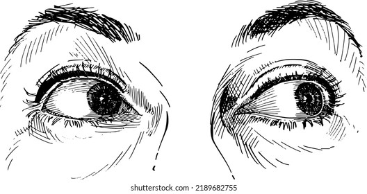 Close up of adult woman eyes looking right. Concept of eye language, non-verbal communication. Black and white vector illustration on white background.