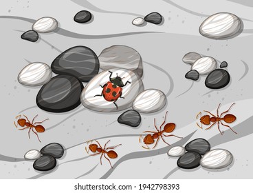 Close up aerial scene with many ants and a ladybug illustration