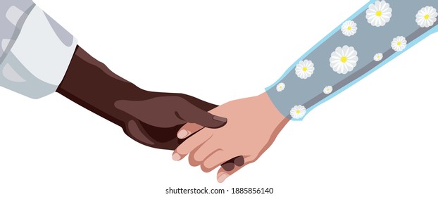 Close up of african American man holding Caucasian woman hands, loving multiracial couple. Illustration.
