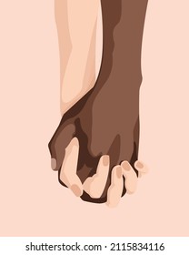 Cerca de un hombre afroamericano sosteniendo manos de una mujer disfrutando de un momento íntimo cercano, amando a una pareja multiracial. Amor interracial. Concepto de amor multiétnico y multicultural. Ilustración. 