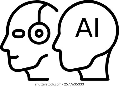 Close up of AI robot face and human face side by side with copy space concept as A macro image showing the profiles of an AI robot face and a human face side by side representing t