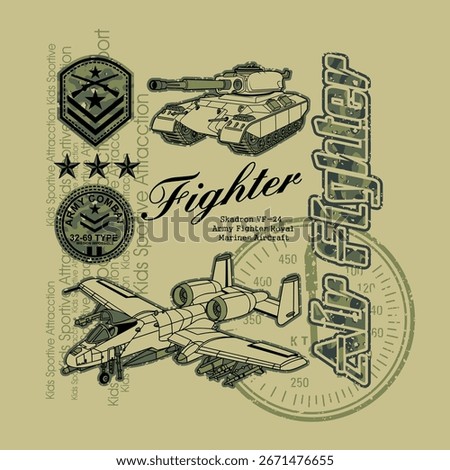 Close Air Support Jet and Battle Tank Vector Illustration, Olive Green