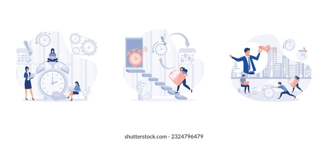 Close up Alarm Clock, Businesswoman running in hurry to chase deadline time while carrying paperwork,  Time management, manager pressure at workplace, set flat modern vector illustration