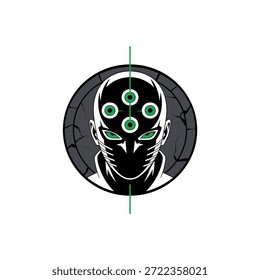 Cerca de una cabeza alienígena con cuatro ojos verdes en la frente y dos en la cara, con una máscara