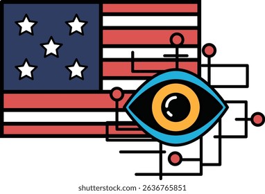 A close up of an American flag with a blue eye in the middle. The eye is looking at the flag and the stars. The eye is surrounded by a blue and orange border