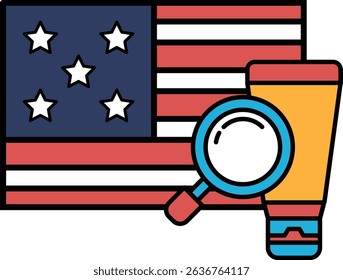 A close up of an American flag with a magnifying glass on top of it. The magnifying glass is yellow and orange