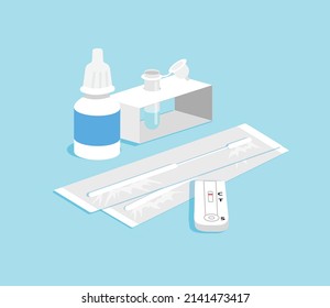 Close Up Of An Antigen Test Kit (atk) Or Home Kit To Extract Sample With Swab Or Nasal Swab. Flat Vector Icon Illustration. Covid-19 Coronavirus Positivity Detection And Prevention. Self-test At Home.