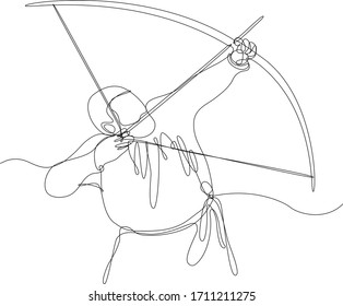 Close up of archer shooting upwards.  Olympic sports, medieval sports. line vector illustration on white background