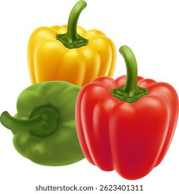 Close up arrangement of three fresh bell peppers in red, yellow, and green The peppers are positioned together, showcasing their smooth surfaces, distinct shapes.Ideal for food-related themes, 