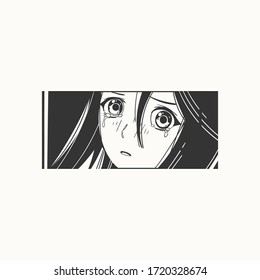 Close up of Asian female Eyes look. Black and white Manga style. Japanese cartoon Comic concept. Anime character. Hand drawn trendy Vector illustration. Rectangle frame. Isolated on white background