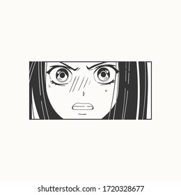 Close up of Asian female Eyes look. Black and white Manga style. Japanese cartoon Comic concept. Anime character. Hand drawn trendy Vector illustration. Rectangle frame. Isolated on white background