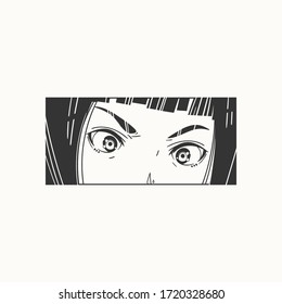 Close up of Asian female Eyes look. Black and white Manga style. Japanese cartoon Comic concept. Anime character. Hand drawn trendy Vector illustration. Rectangle frame. Isolated on white background