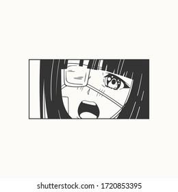 Close up of Asian female Eyes look. Black and white Manga style. Japanese cartoon Comic concept. Anime character. Hand drawn trendy Vector illustration. Rectangle frame. Isolated on white background