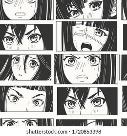 Close up of Asian female Eyes look. Black and white Manga style. Japanese cartoon Comic concept. Anime characters. Hand drawn trendy Vector Seamless pattern. Background, Wallpaper