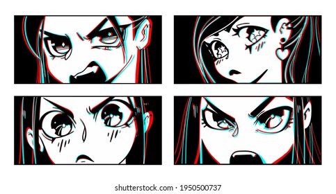 Acercamiento de la mirada asiática femenina de Ojos. Estilo manga blanco y negro. Ilustración vectorial de los caracteres anime.