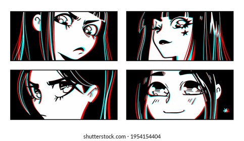 Close up of Asian female Eyes look. Black and white Manga style. Vector illustration of anime characters.