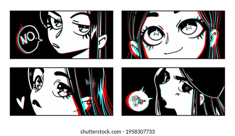 Close up of Asian female Eyes look. Black and white Manga style. Vector illustration of anime characters.