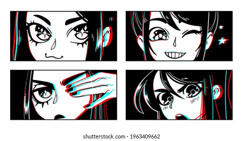 Close up of Asian female Eyes look. Black and white Manga style. Vector illustration of anime characters.