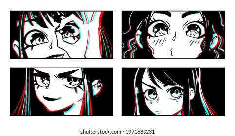 Close up of Asian female Eyes look. Black and white Manga style. Vector illustration of anime characters.