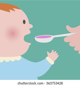 Close up of baby taking spoon of pink syrup medicine
