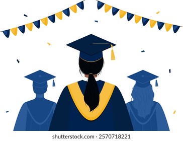 Close up back view illustration of female student and graduates silhouette. Graduates wearing a cap and gown, garland of flags and confetti. College or university ceremony.