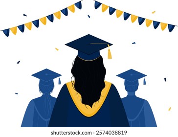 Close up back view illustration of female student with long hair and graduates silhouette. Graduates wearing in blue academic cap and gown, garland of flags and confetti. College, university ceremony