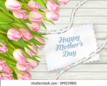 Close up of a beautiful bouquet of tulips with a happy mothers day card. Mother s Day concept. EPS 10 vector file included