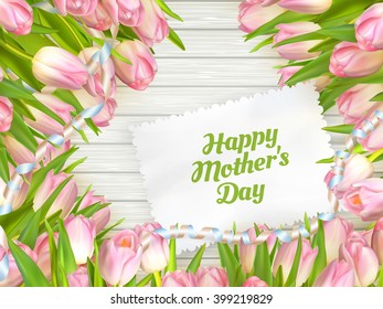 Close up of a beautiful bouquet of tulips with a happy mothers day card. Mother s Day concept. EPS 10 vector file included