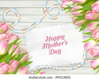 Close up of a beautiful bouquet of tulips with a happy mothers day card. Mother s Day concept. EPS 10 vector file included