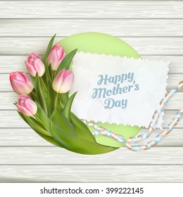 Close up of a beautiful bouquet of tulips with a happy mothers day card. Mother s Day concept. EPS 10 vector file included