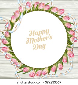 Close up of a beautiful bouquet of tulips with a happy mothers day card. Mother s Day concept. EPS 10 vector file included