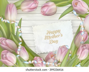 Close up of a beautiful bouquet of tulips with a happy mothers day card. Mother s Day concept. EPS 10 vector file included