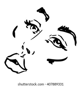 Close up of beautiful female face. Hand drawn Vector illustration 