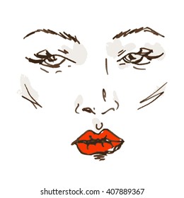Close up of beautiful female face. Hand drawn Vector illustration 