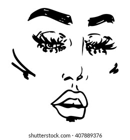 Close up of beautiful female face. Hand drawn Vector illustration 