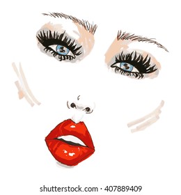 Close up of beautiful female face. Hand drawn Vector illustration 
