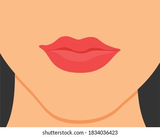 Close up beautiful lips. Part of face, young woman close up. Sexy plump lips lipstick. Red color of lipstick on large lips. Vector illustration
