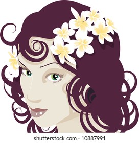 Close up of beautiful young woman’s face with flowers in her hair
