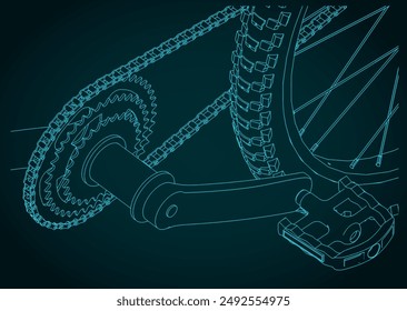 Close up of bicycle chain, pedal and gears stylized vector illustration