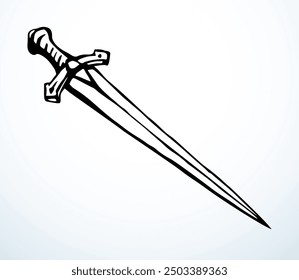 Nahaufnahme großen kurzen klassischen dekorativen Vergangenheit goldenen gotischen Dirk Werkzeug weißen Textraum. Nahaufnahme schwarze Linie handgezeichnet schweren Messing Schild Logo Emblem Insignia Doodle Umriss Congrave Art Stil