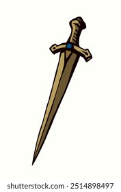 Cerrar arriba grande corto clásico decorativo pasado de la edad de oro gótico dirk herramienta blanco espacio de texto. Línea negra de primer plano dibujado a mano escudo de cristal pesado emblema insignia doodle contorno grabado estilo de arte