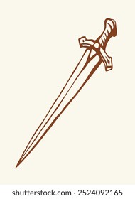 Cerrar arriba grande corto clásico decorativo pasado de la edad de oro gótico dirk herramienta blanco espacio de texto. Línea negra de primer plano dibujado a mano escudo de cristal pesado emblema insignia doodle contorno grabado estilo de arte