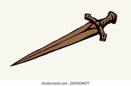 Close up big short classic decorative past age golden gothic dirk tool white text space. Closeup black line hand drawn heavy cutlass shield logo emblem insignia doodle outline contor engrave art style
